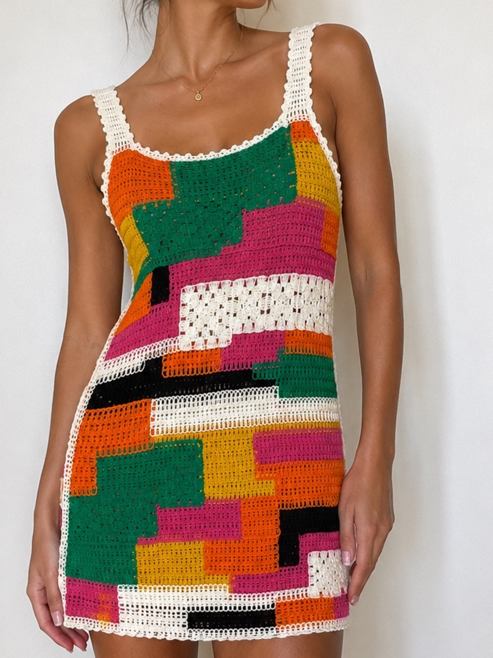 Patchwork Crochet Colour- Block Mini Dress — Size M